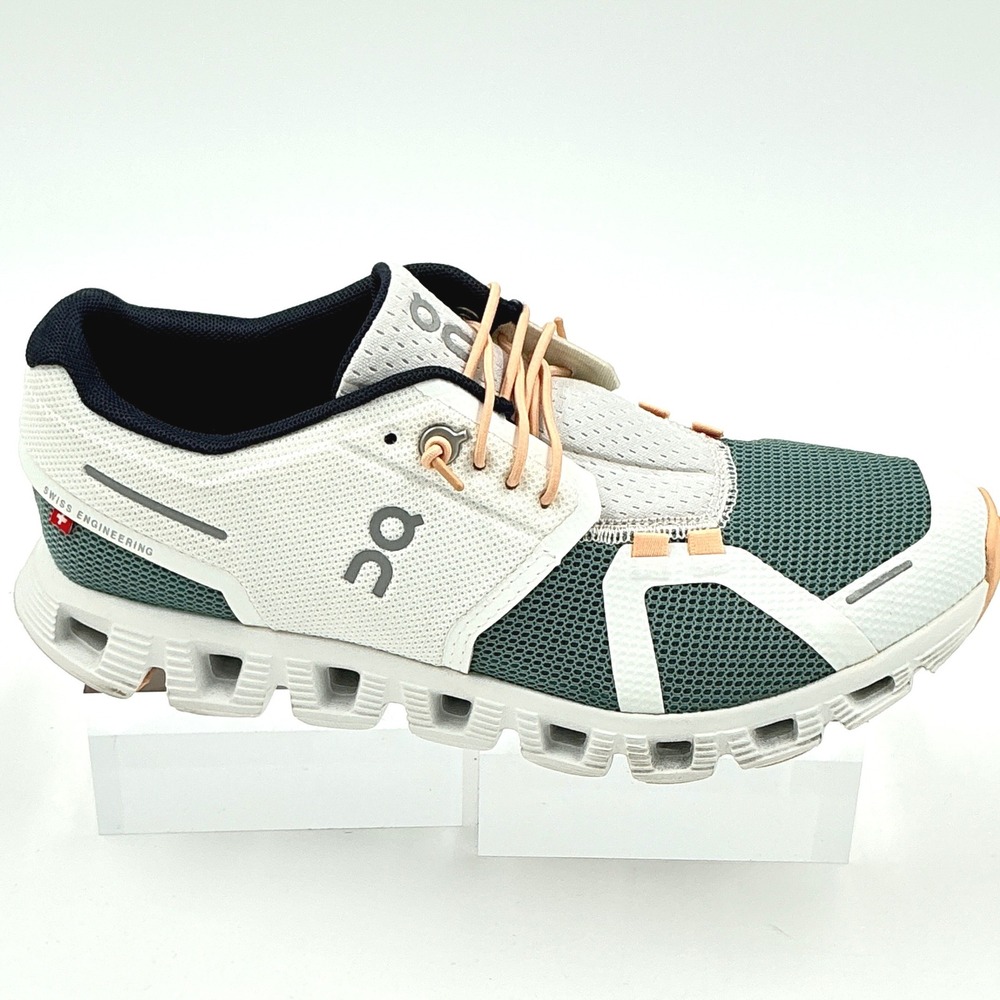 On Running Women Size 6.5 Cloud 5 White Green Peach Sneakers Speed Lacing